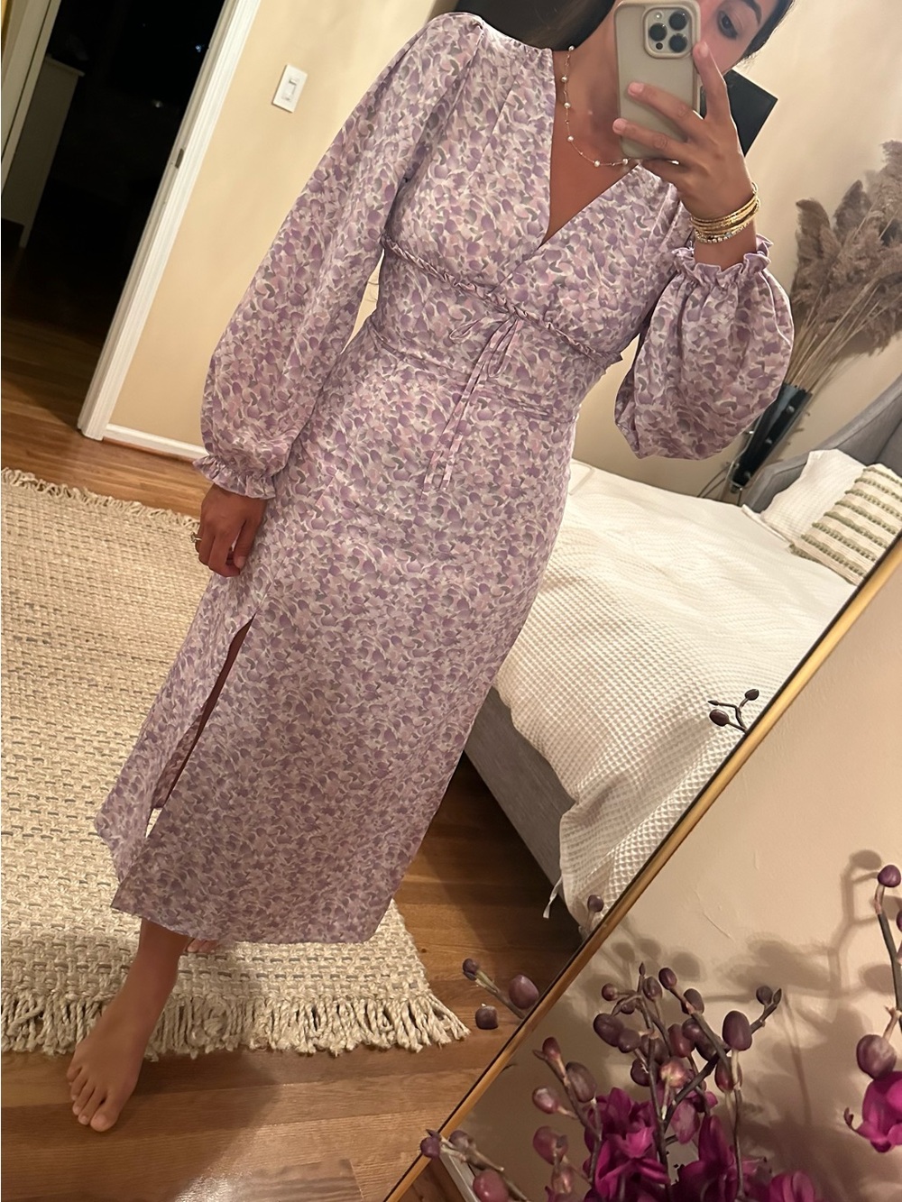 SHEIN Lavender Floral VβNeck Midi Dress